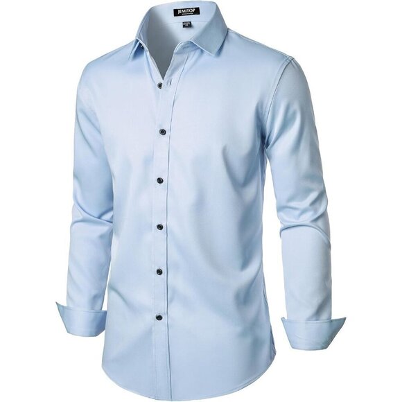 Men's Blue Stretch Wrinkle Shirts Formal Long Sleeve Slim Fit Button Down Shirt - Picture 3 of 7